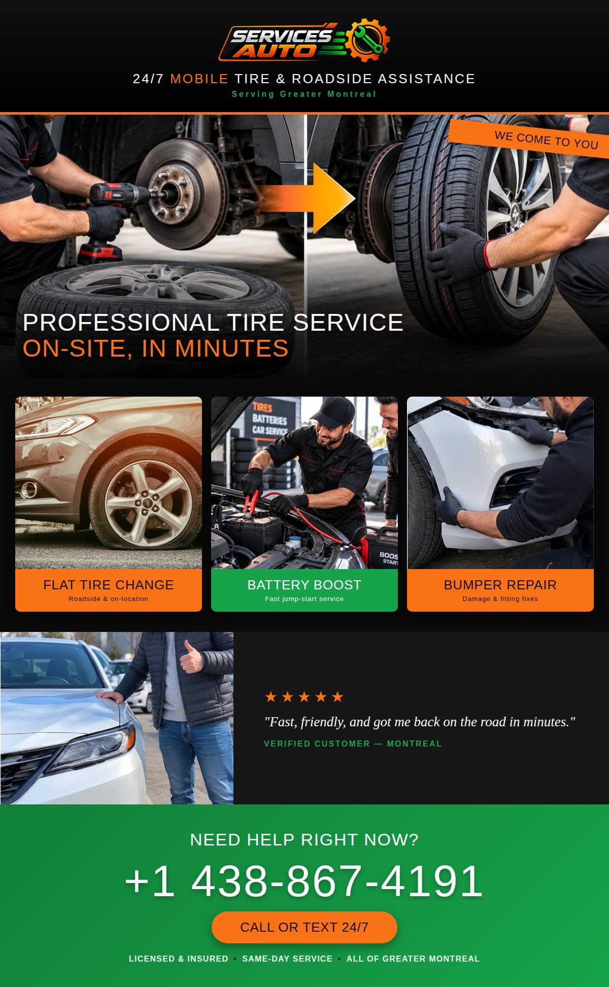 Auto Services — 24/7 mobile tire, battery, and bumper service across Greater Montreal